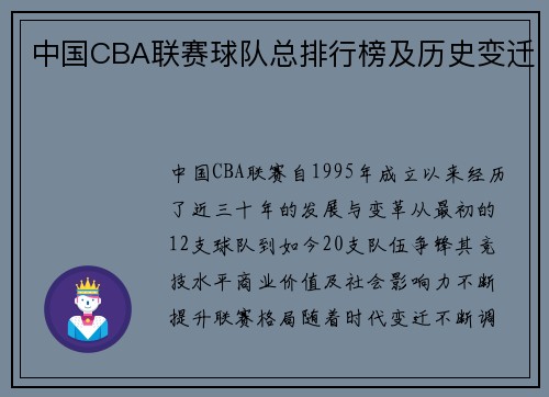 中国CBA联赛球队总排行榜及历史变迁